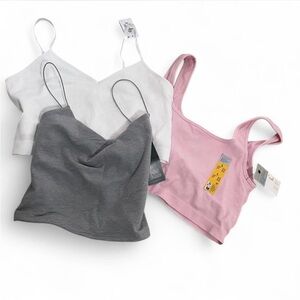 Set of Three Cropped Camisole Bralettes in White, Gray, and Pink size Large lot